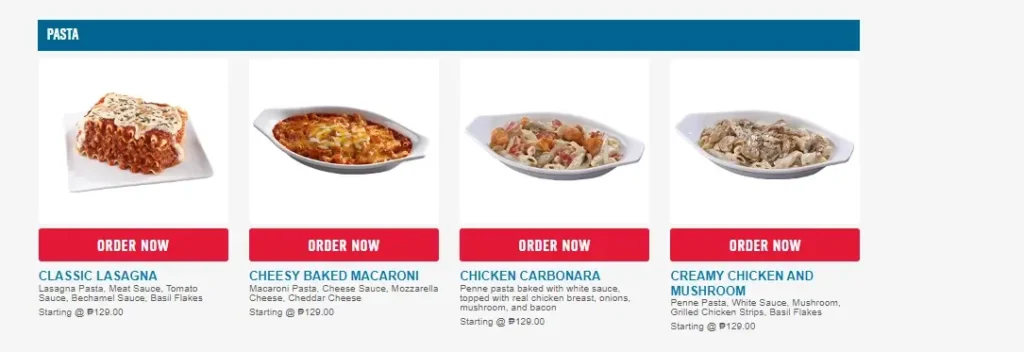 Domino's Pizza Pasta Menu Prices with Prices