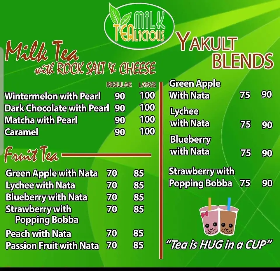 Milk Tealicious Milk Tea Menu with Prices