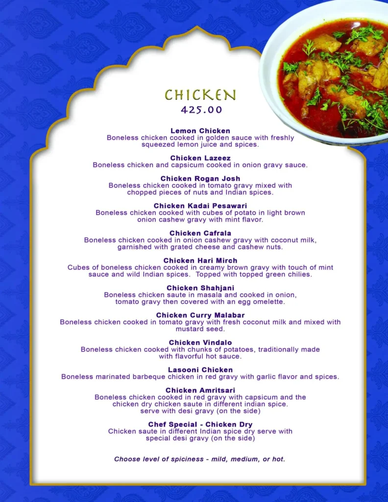 New Bombay Chicken Menu with Prices