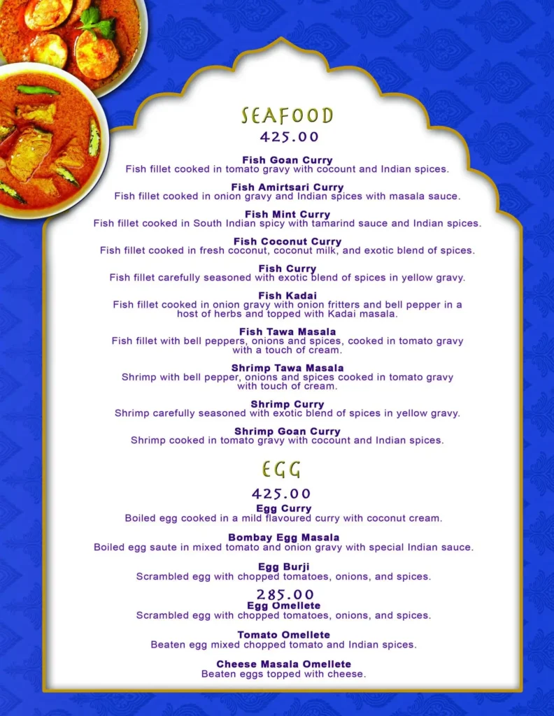 New Bombay Seafood Menu with Prices