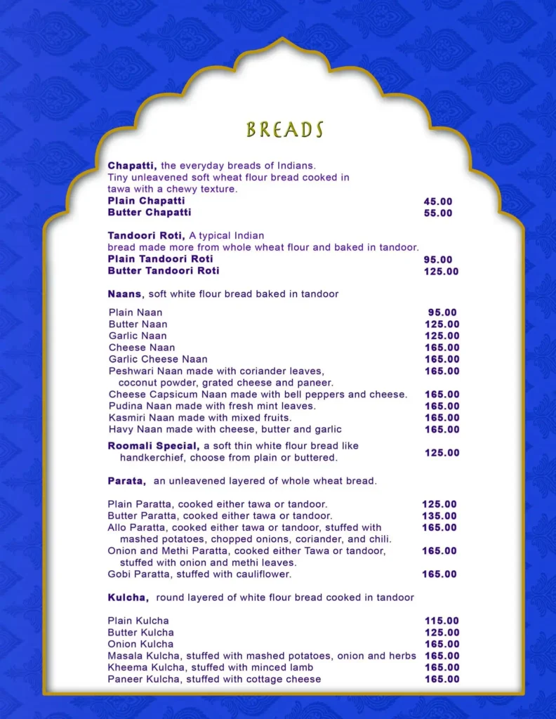 New Bombay breads Menu with Prices