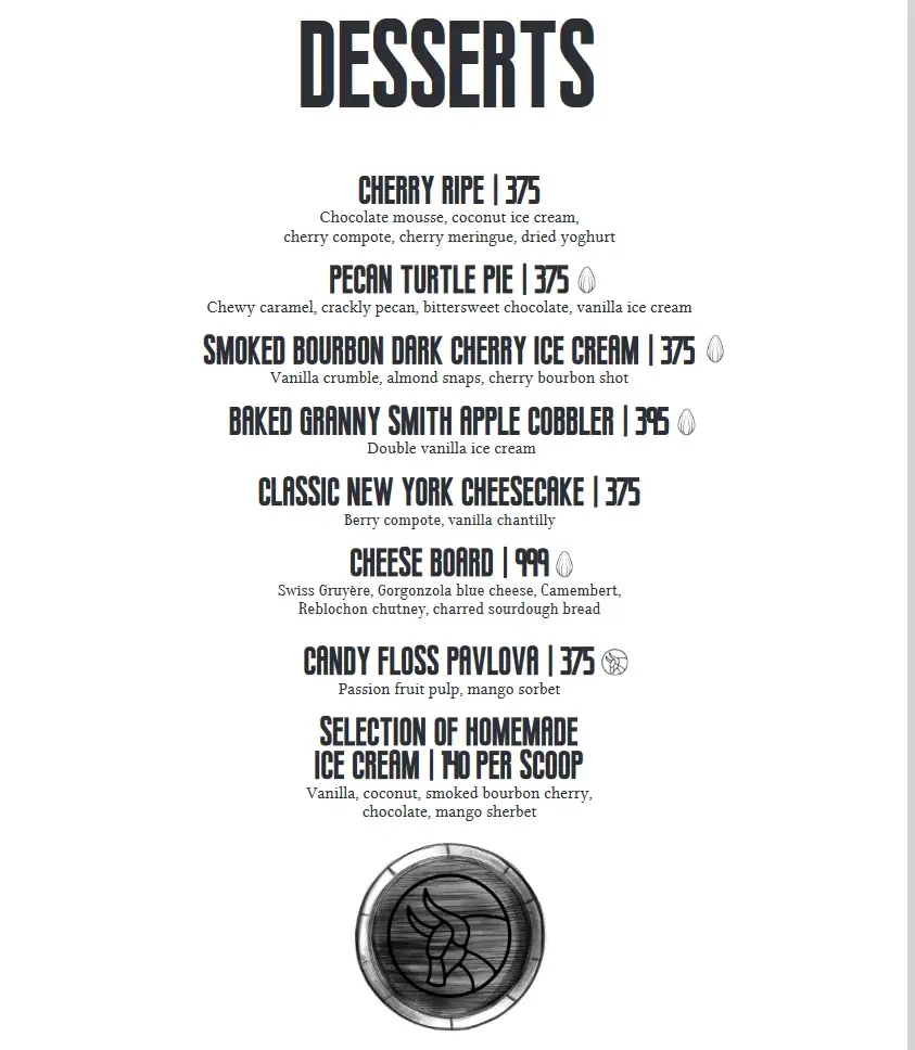 Raging Bull Chophouse Bar Desserts with Prices