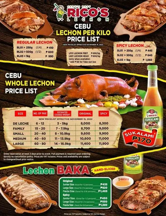 Ricos Lechon Sizzling Menu with Prices