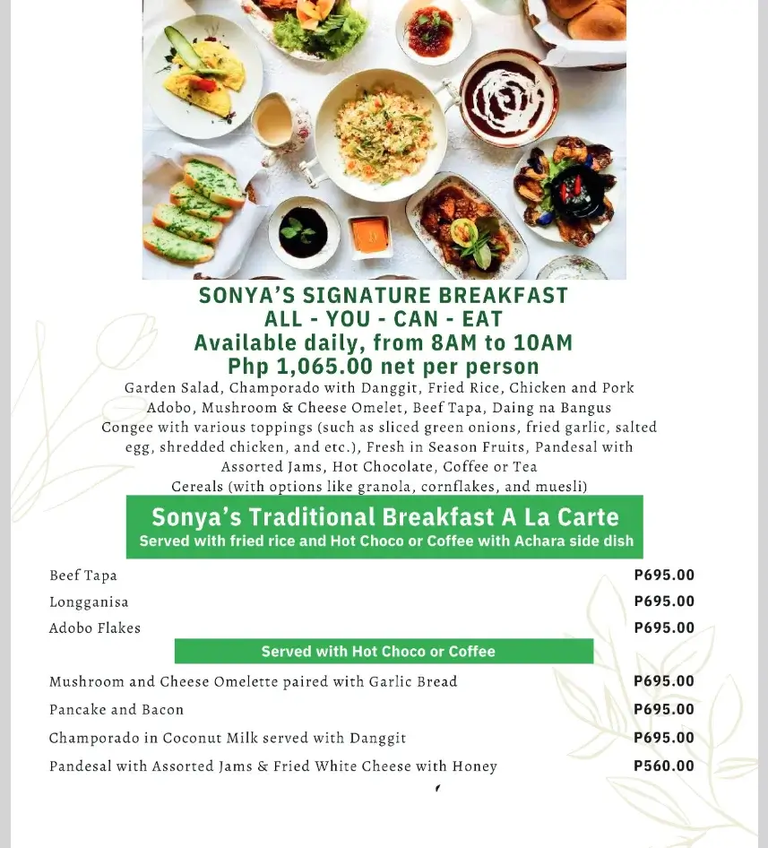 Sonya Garden Menu with Prices