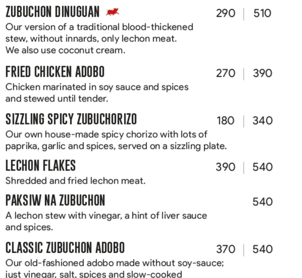 Zubuchon Meat Menu with Prices