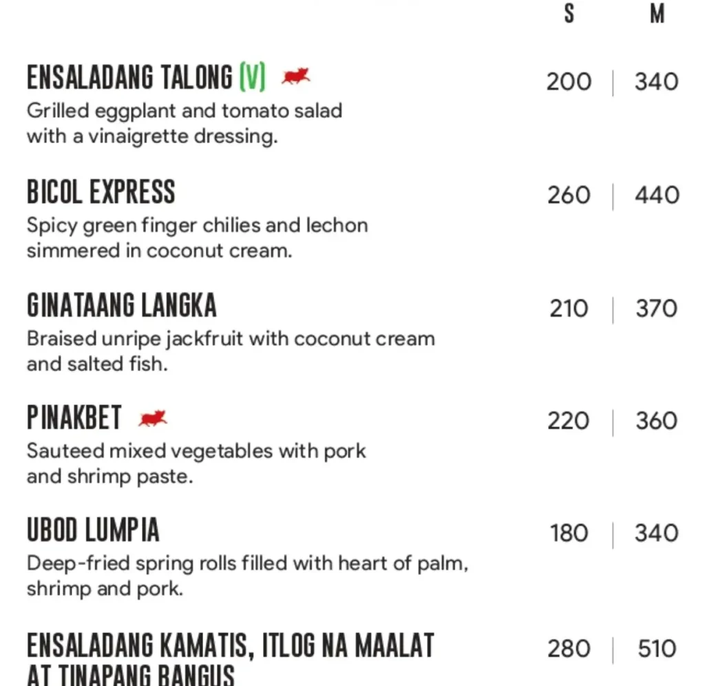 Zubuchon Vegetables Menu with Prices