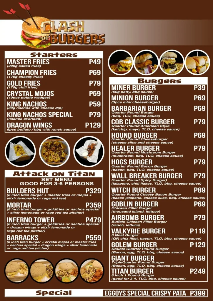 Clash of Burgers Menu with Prices