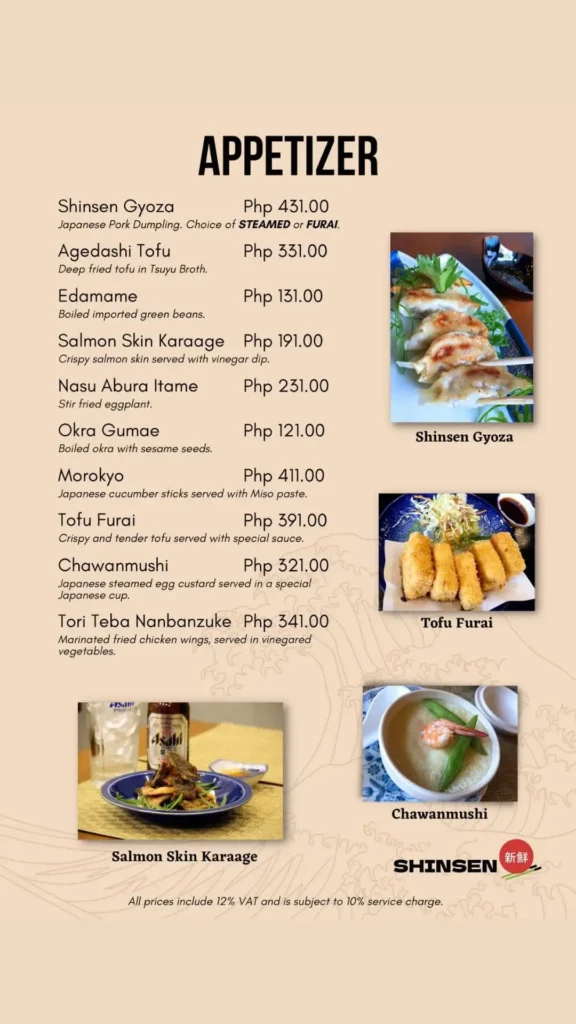 Shinsen Appetizers Menu with Prices