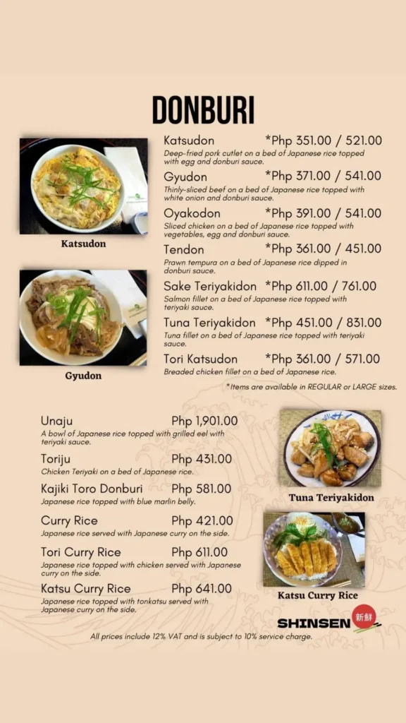 Shinsen Donburi Menu with Prices