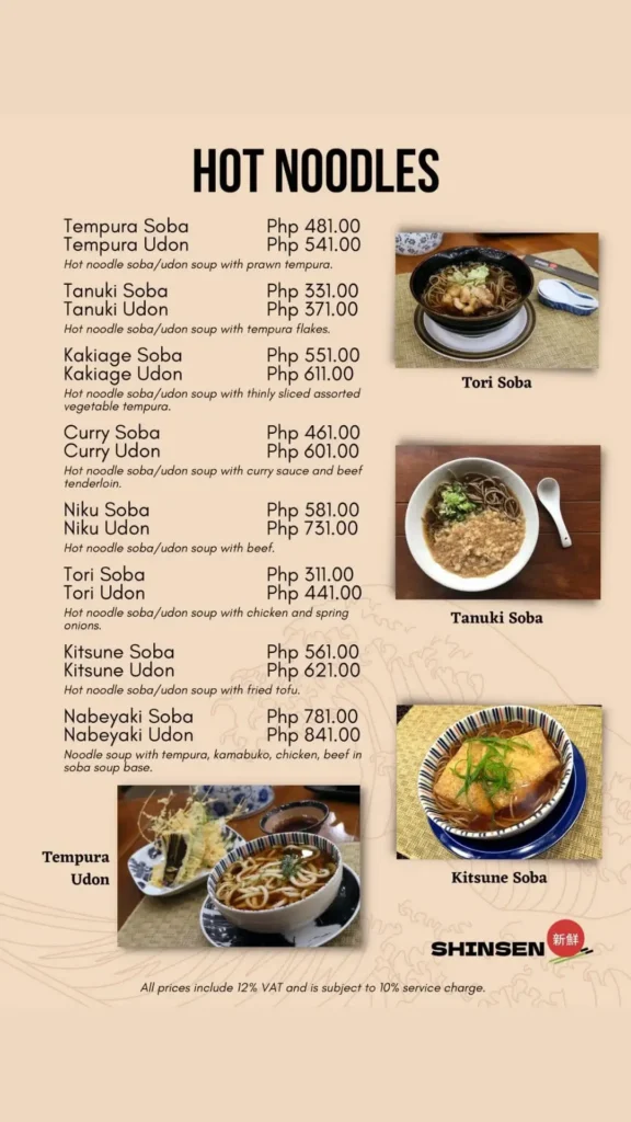 Shinsen Hot Noodles Menu with Prices