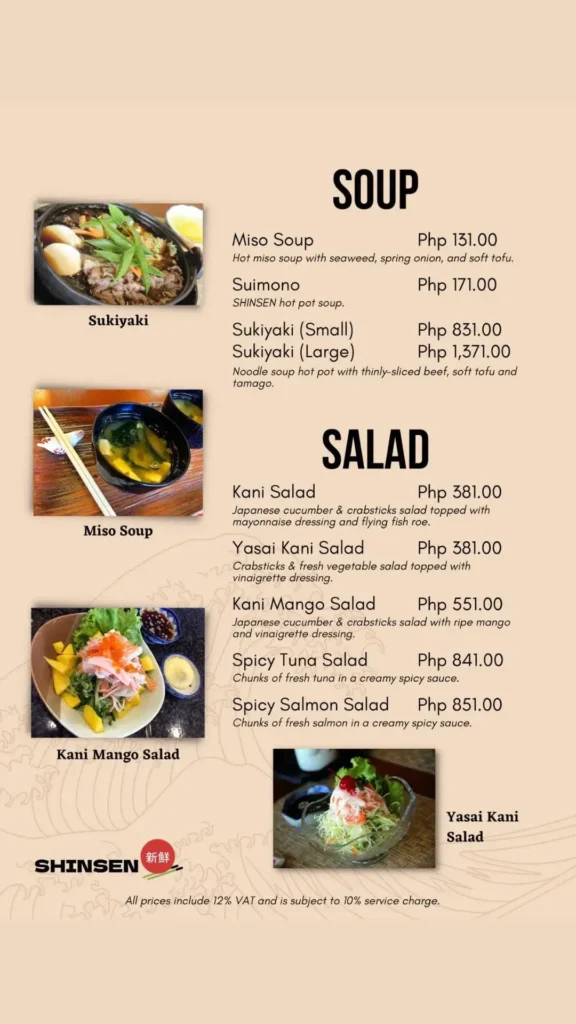 Shinsen Soup Salad Menu with Prices