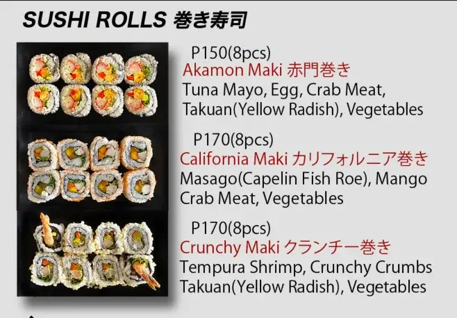 Akamon Ramen Bar Sushi Rolls Menu with Prices