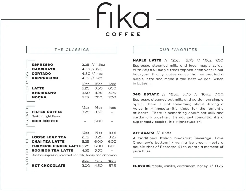 Fiika Cafe Espresso Bar Menu with Prices