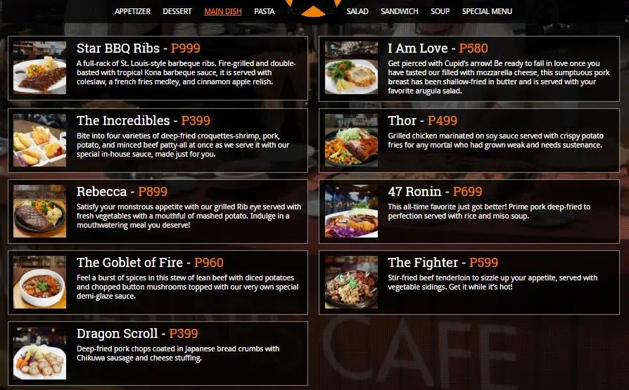 Movie Stars Cafe Menu with Prices