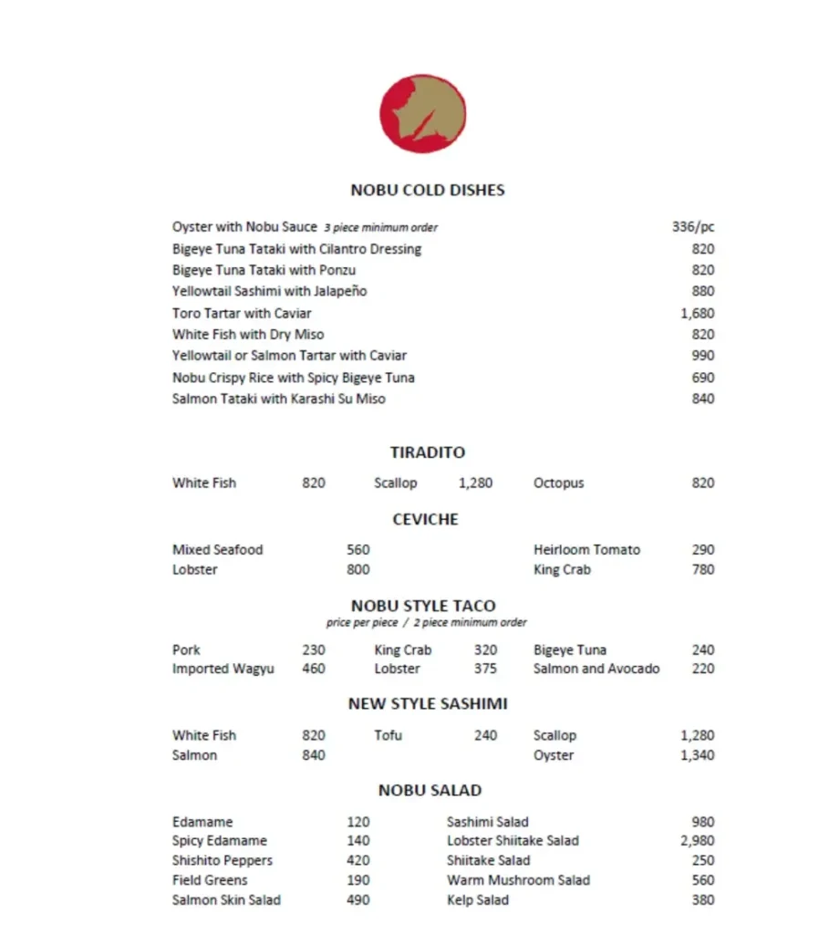 Nobu Cold Dishes Menu with Prices