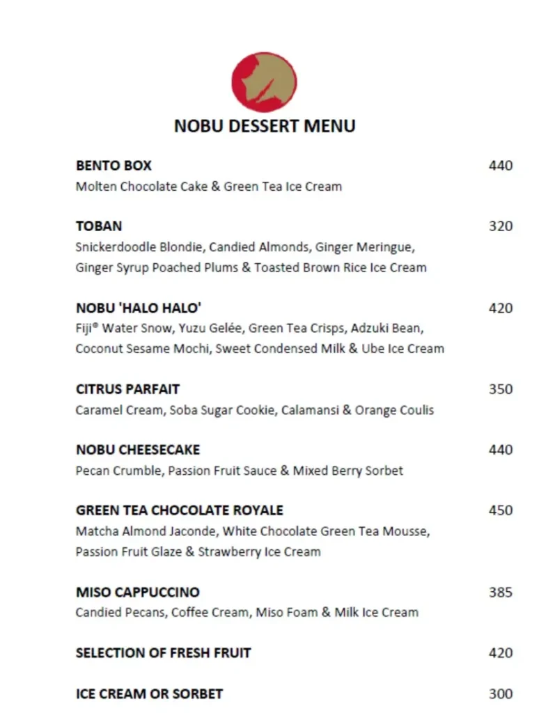 Nobu Dessert Menu with Prices