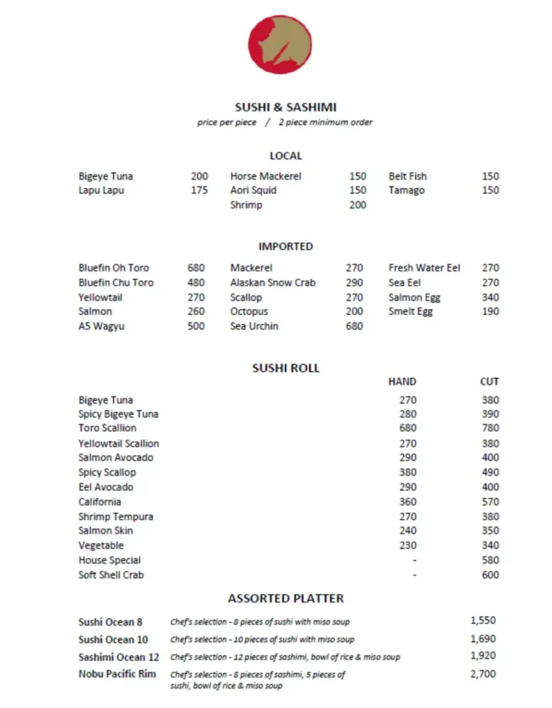 Nobu Sushi Sashmi Menu with Prices