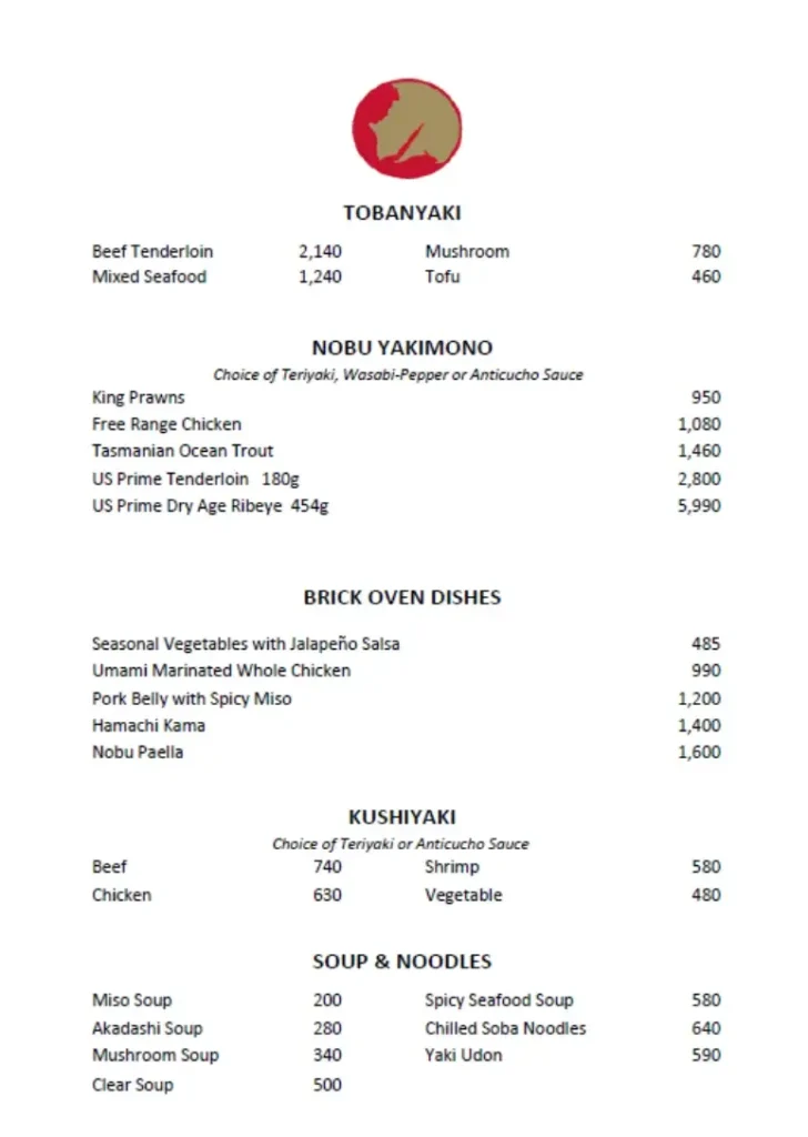 Nobu Tobonyaki Menu with Prices