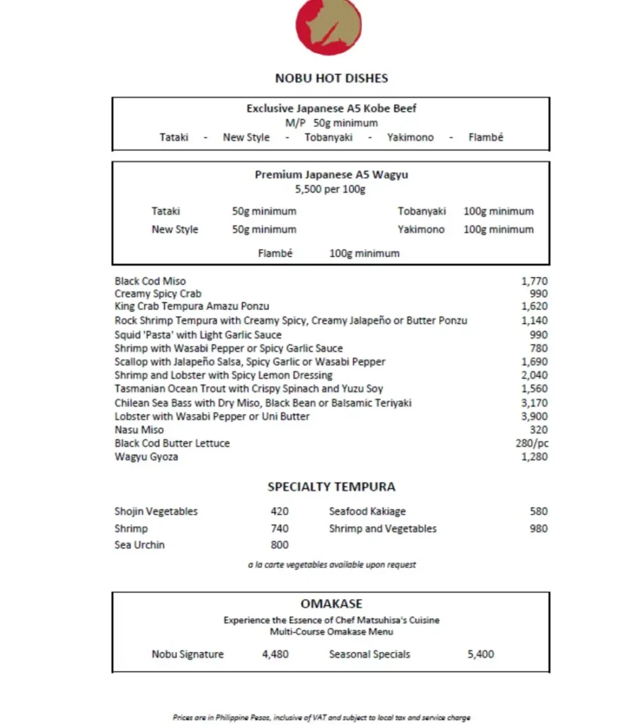 Nobu hot Dishes Menu with Prices