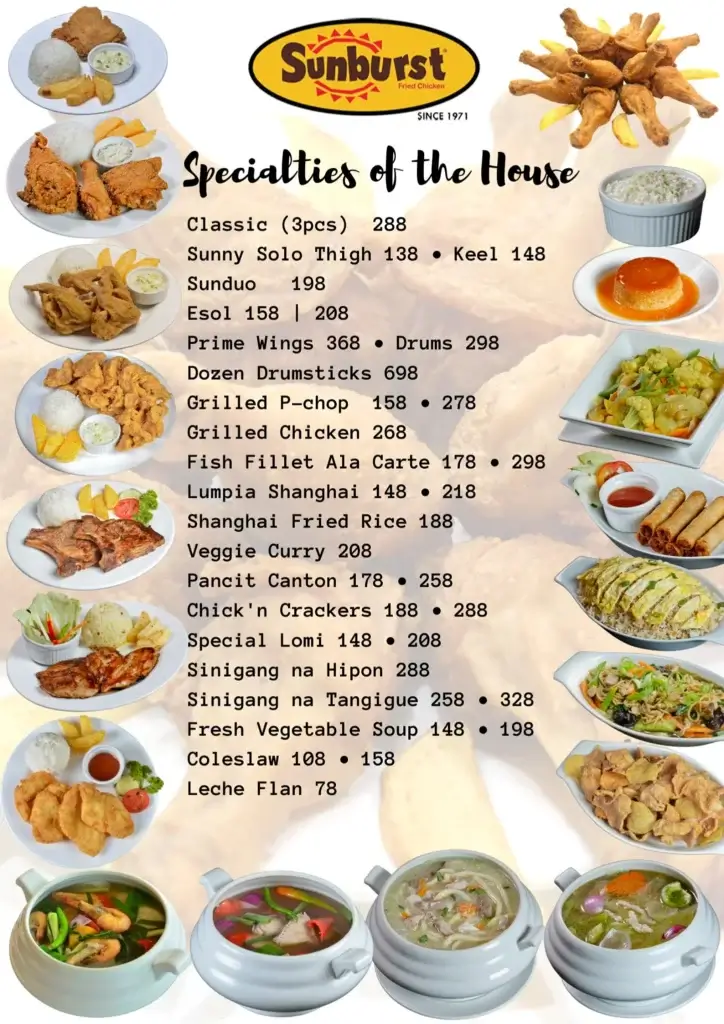 Sunburst Specialities Menu with Prices