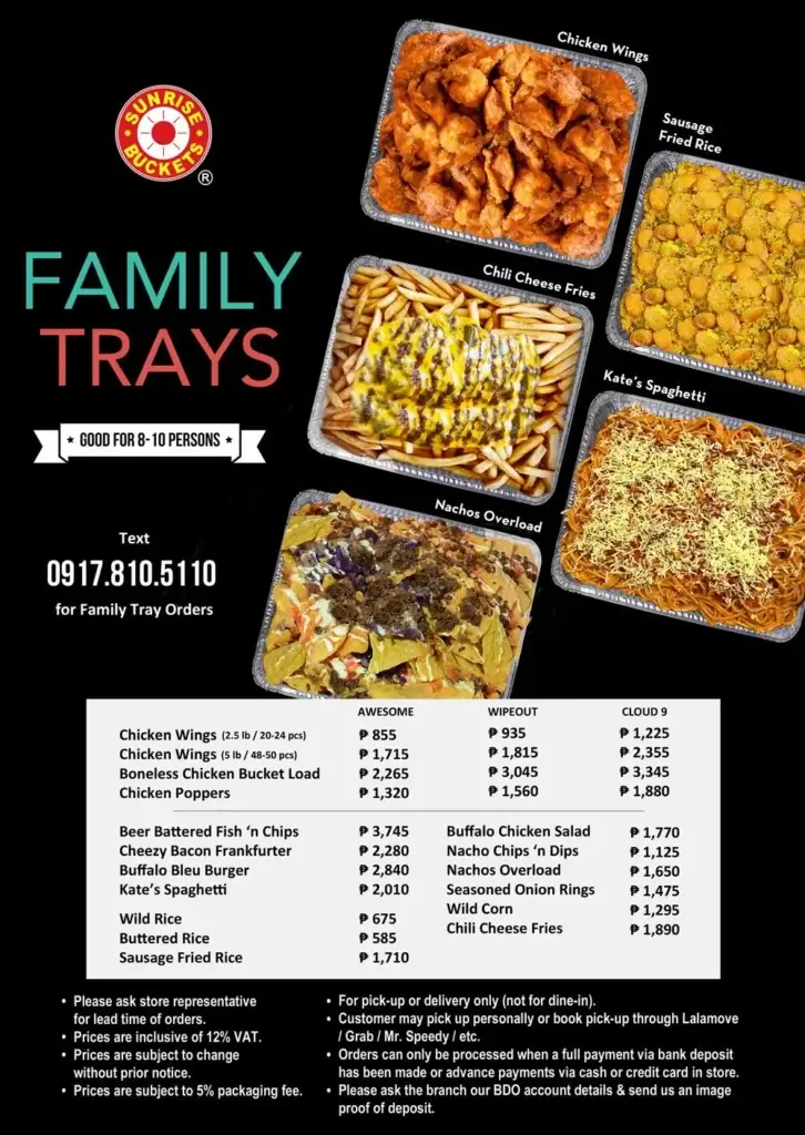 Sunrise Buckets Family Trays Menu with Prices