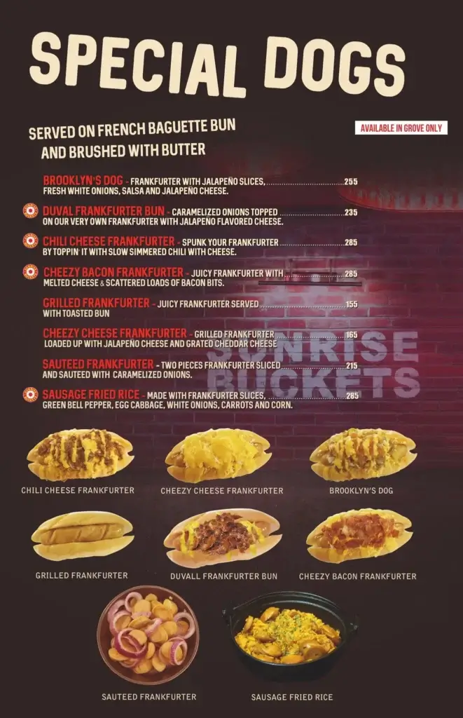 Sunrise Buckets Special Dogs Menu with Prices