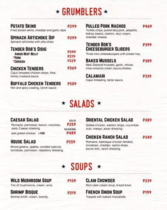 Tender Bob's Salads Soups Menu with Prices