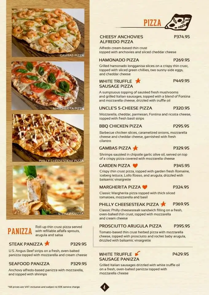 Torch Restaurant Pizza Menu with Prices