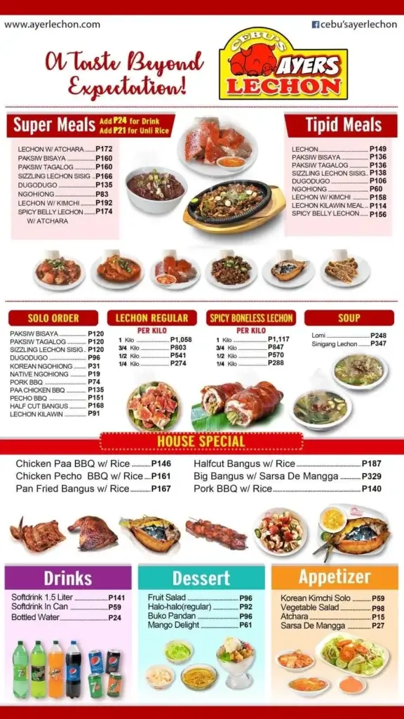 Ayers Super Meal Lechon Menu with Prices